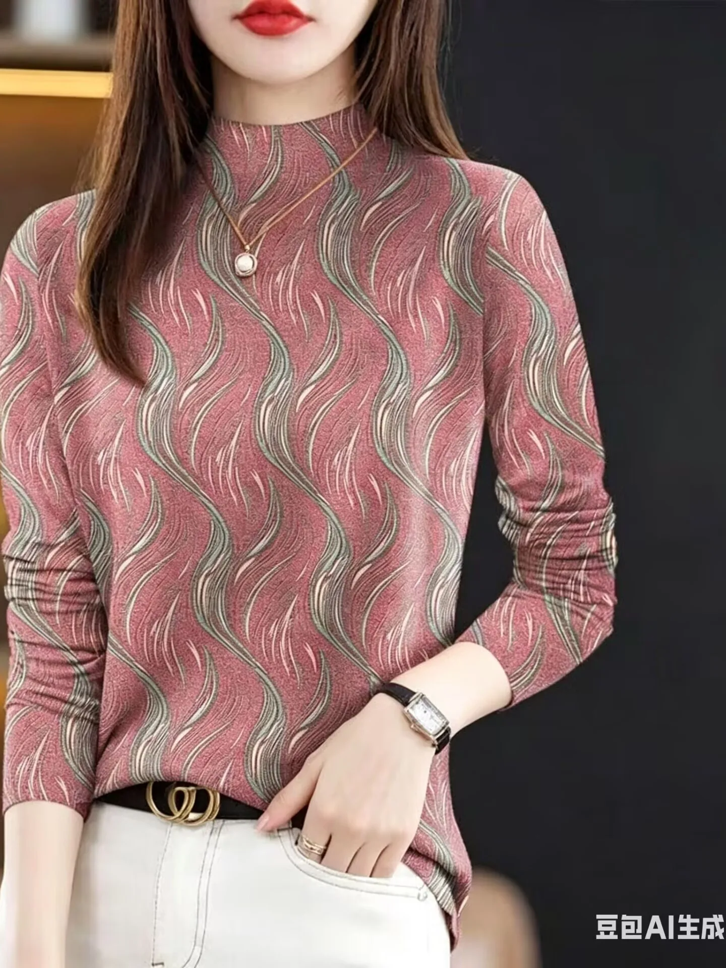 High-End Printed Long Sleeve High Collar T-Shirt Women's Casual Style Spring 2025 Fashionable Age-Defying Label Removed Top