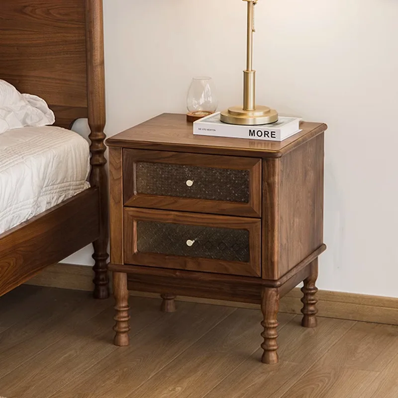 

Nordic walnut color, solid wood bedside table American retro, small apartment, narrow bedroom, medieval furniture storage locker