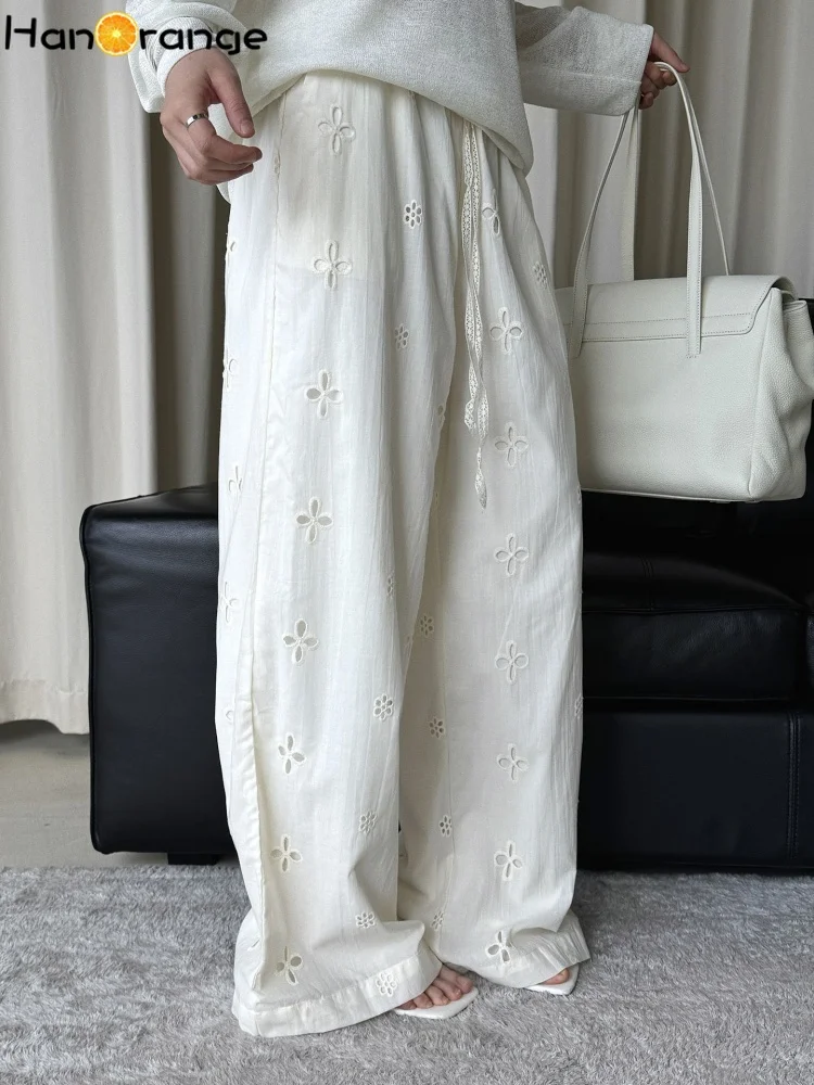 Women‘s Embroidery Pants Summer Hollow Casual Cotton Vacation 2026 Elastic Waist Straight Trousers for Women