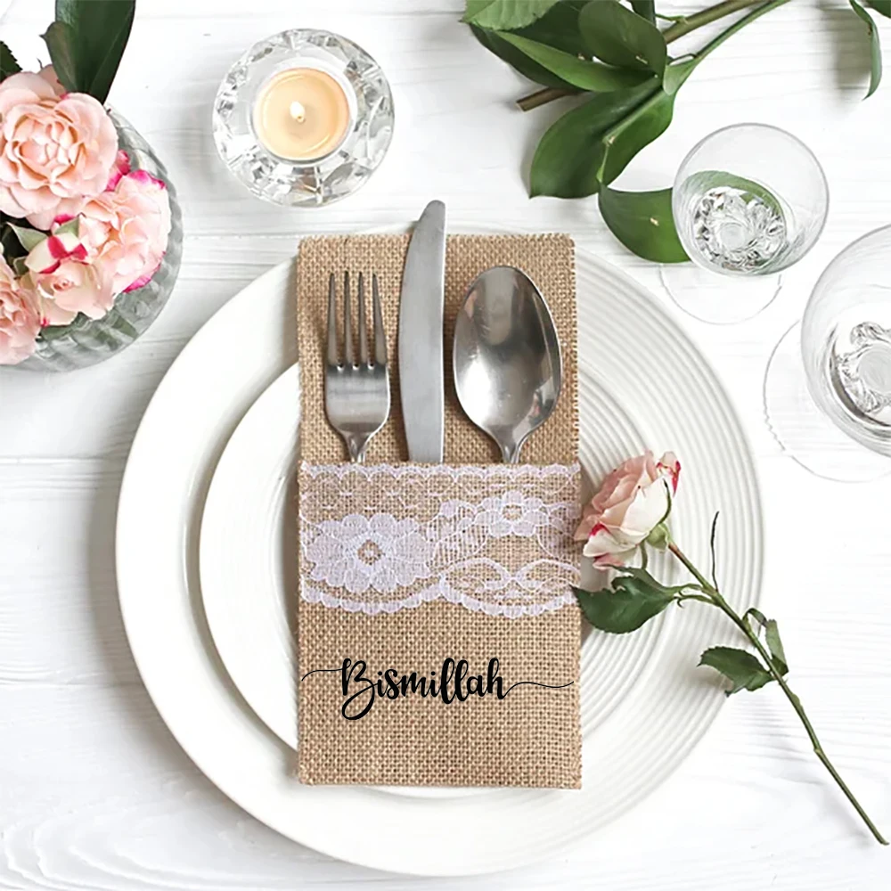 

5pcs Bismillah burlap cutlery holder bags Eid Mubarak Ramadan Kareem eid al-Fitr Muslim Islamic Iftar suhoor table decoration