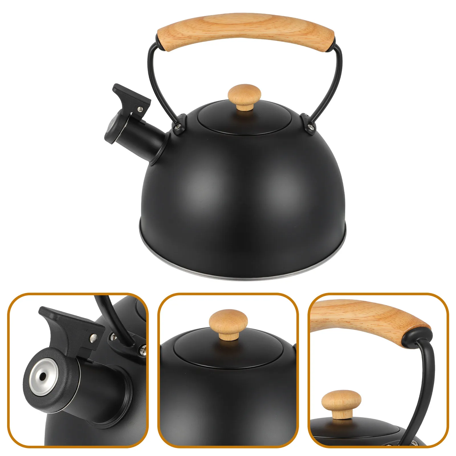 

1Pcs Whistling Tea Kettle Wood Handle Stainless Steel Black Portable Thickened Household Water Heating Kettle Tea Pot