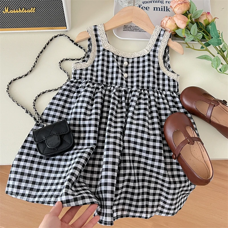 

Sweet Girls Princess Sleeveless Dress Children Baby Kids Summer Infants Party Birthday Plaid lace Dresses Vestidos