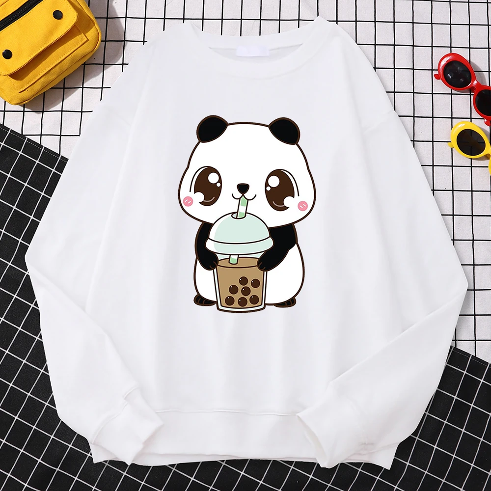 Casual Simple Women Pullovers Baby Panda Drinking Milk Tea Printing Hoodies Crewneck Soft Sweatshirt Fleece Warm Female Clothes