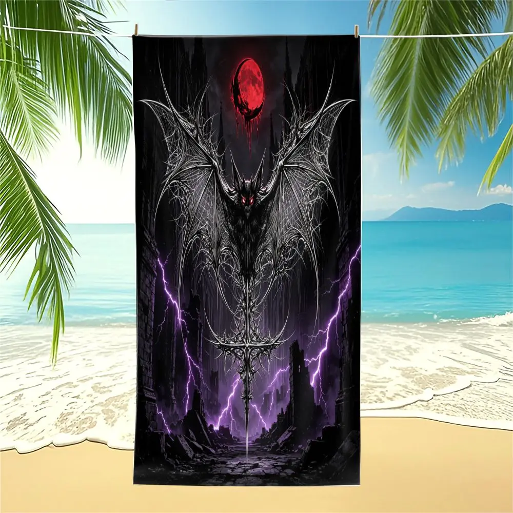 Gothic Bat Red Moon Print Beach Towel Pool Towel Camping Towel Bath Towel Blanket Teen Dark Style Outdoor Absorbent Towel