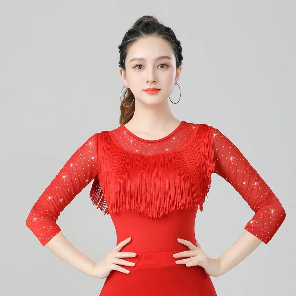

Square Dance Training Latin Dance Lady Dance suit Top 7 Points Sleeve Tassel Sequin Clothing Black Red Round Neck
