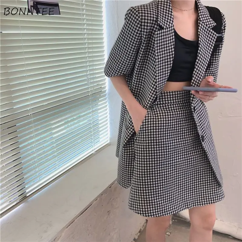 

Skirt Sets Women Plaid Creativity Elegant Office Lady Vintage Popular Seductive Tender Korean Style Basics New Attractive Spring