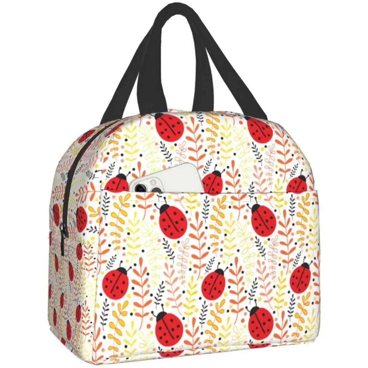 Ladybugs and flowers Lunch Box Bento Box Insulated Lunch Boxes Reusable Waterproof Lunch Bag With Front Pocket For Picnic Hiking