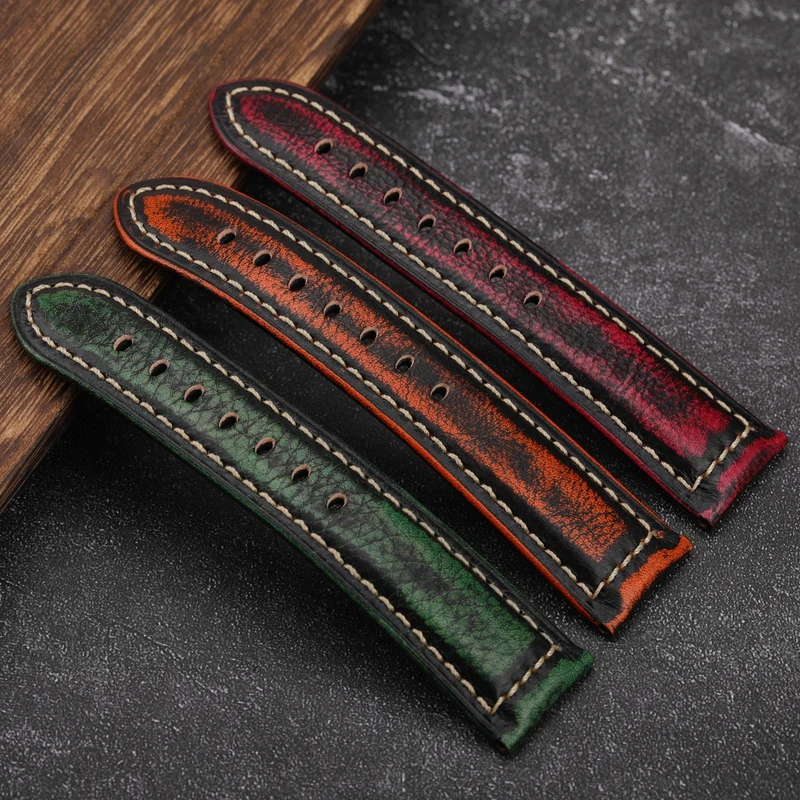 Correa de cuero de vaca de primera capa hecha a mano para hombre, correa de reloj de cuero de Color frotado Vintage, pulsera de Estilo Vintage para