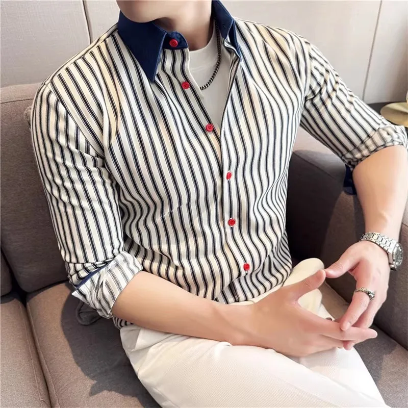 

High Quality Long Sleeve Striped Shirts Men Fashion Patchwork Cotton Smart Casual Shirt Man Youthful Vitality Square Collar Tops