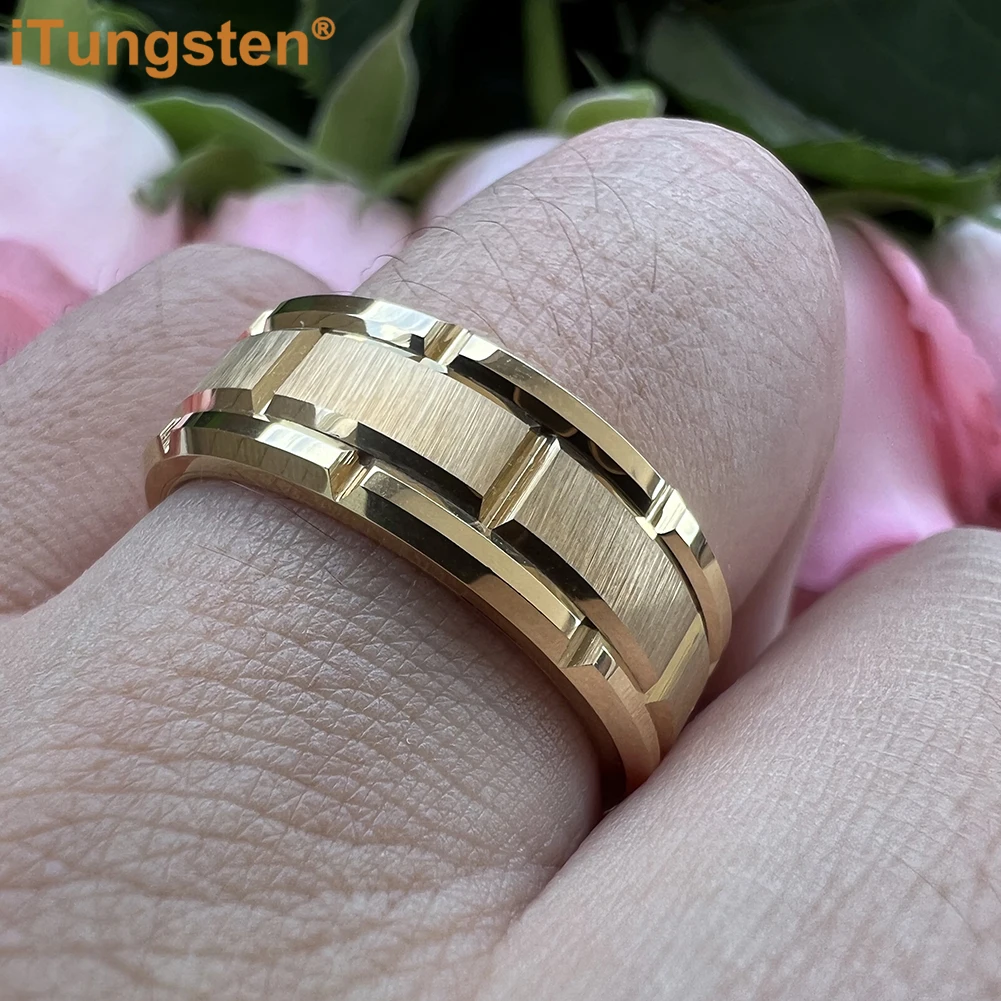 iTungsten 8mm Mens Tungsten Wedding Ring Brick Pattern Black Plated Brushed Finish Engagement Band Comfort Fit