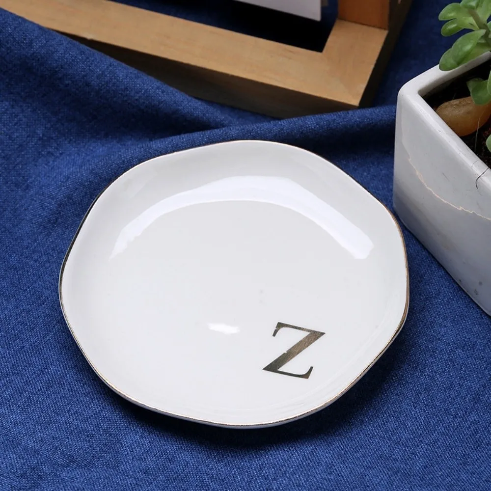 A-Z Ceramic Jewelry Dish White Gold Rim Decorative Ring Holder Plate Scalloped Edge Ceramic Ring Dish