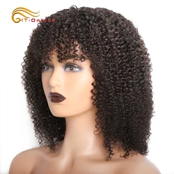 Short Curly Bob Wig With Bangs Natural Black Brazilian Curly Human Hair Wig For Women Machine Made 180% Density