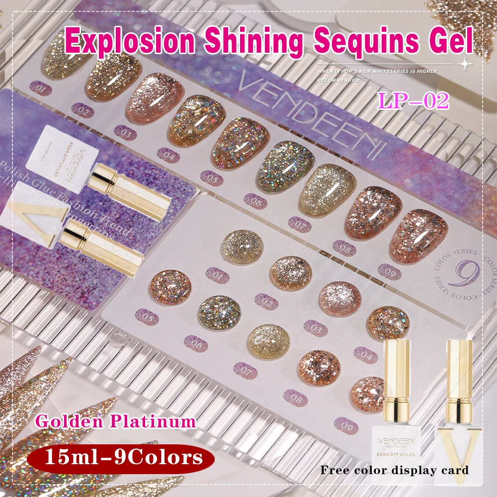 Discount Sale Vendeeni 9 Colors/set Sparkling Sequins Gel Nail Polish Reflective Platinum Soak Off Gel Lacquer With Color Card