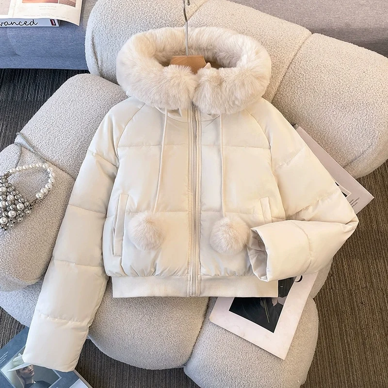2025 Fashion Hooded Down Cotton-padded Coat Women's Winter Short Jackets Big Fur Collar Streetwear Parkas Student Warm Outerwear