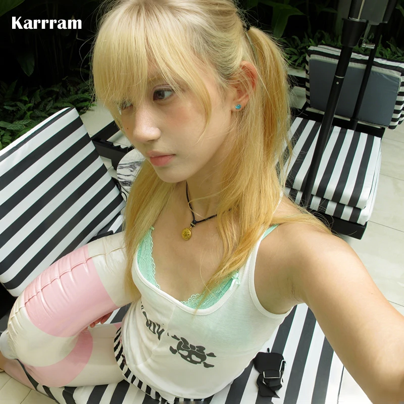 Karrram Japanese Y2k Skull Letter Print Tank Top Trashy 2000s See Through Sleeveless Top Vintage Harajuku Tanktop American Retro