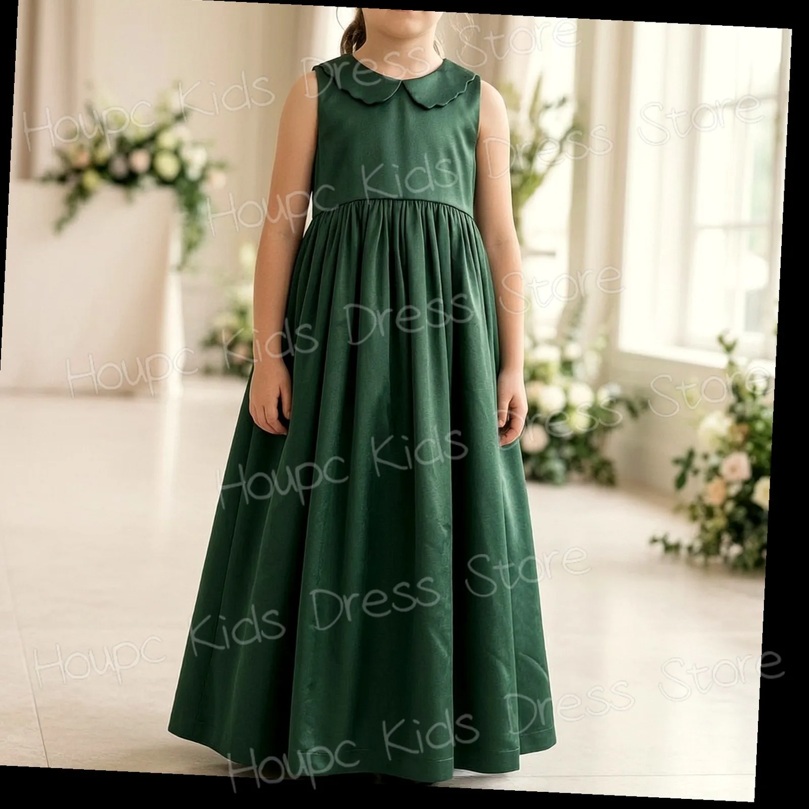 Flower Girl Dress Tea-Length Satin with Puffed Sleeves and Peter Pan Collar for Wedding Party Size