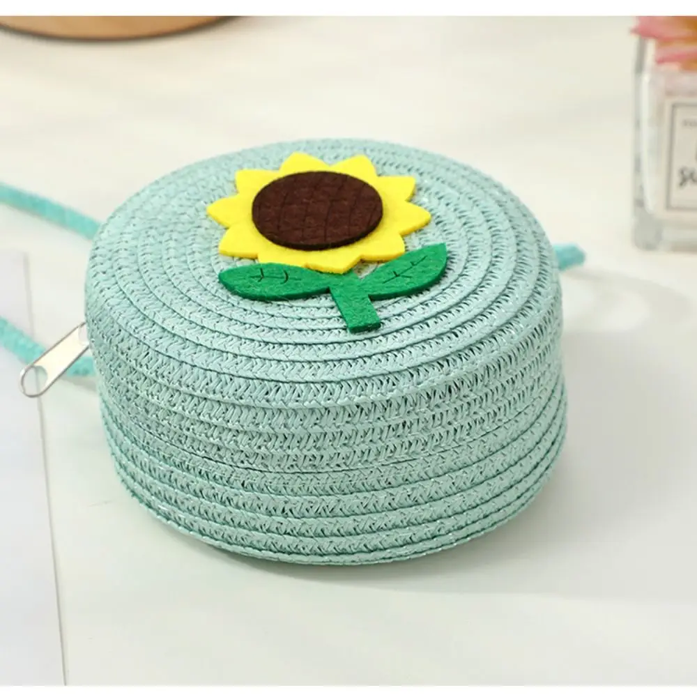 Durable Straw Crossbody Bag Round Small Shoulder Bag Flower Handbag Kids Girls