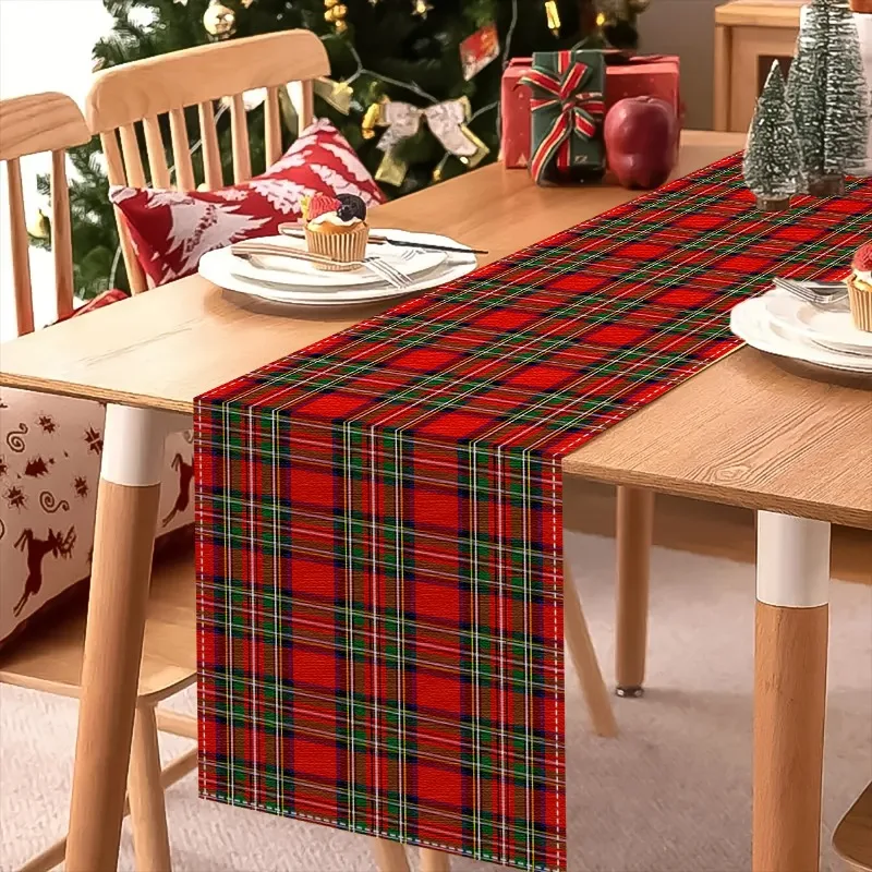 VIKAMA Christmas Table Runner for Dining Table Red Green Tartan Plaid Check Classic Winter Cotton Linen Kitchen Decor