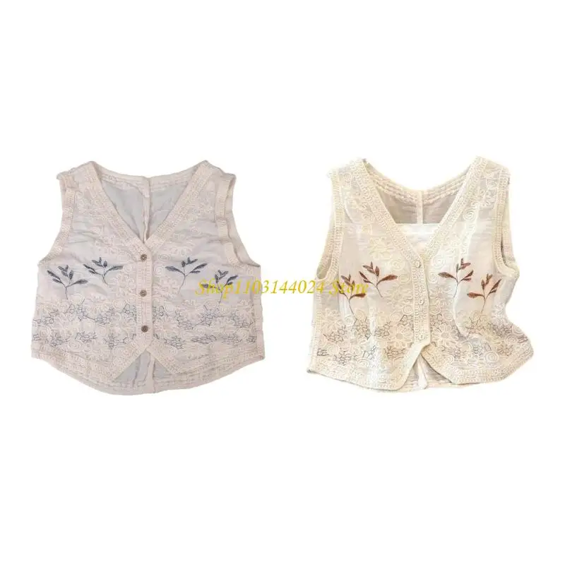

N5KE Stylish Sleeveless Crochet Vest Cotton Top Button Up Cardigan For Layering