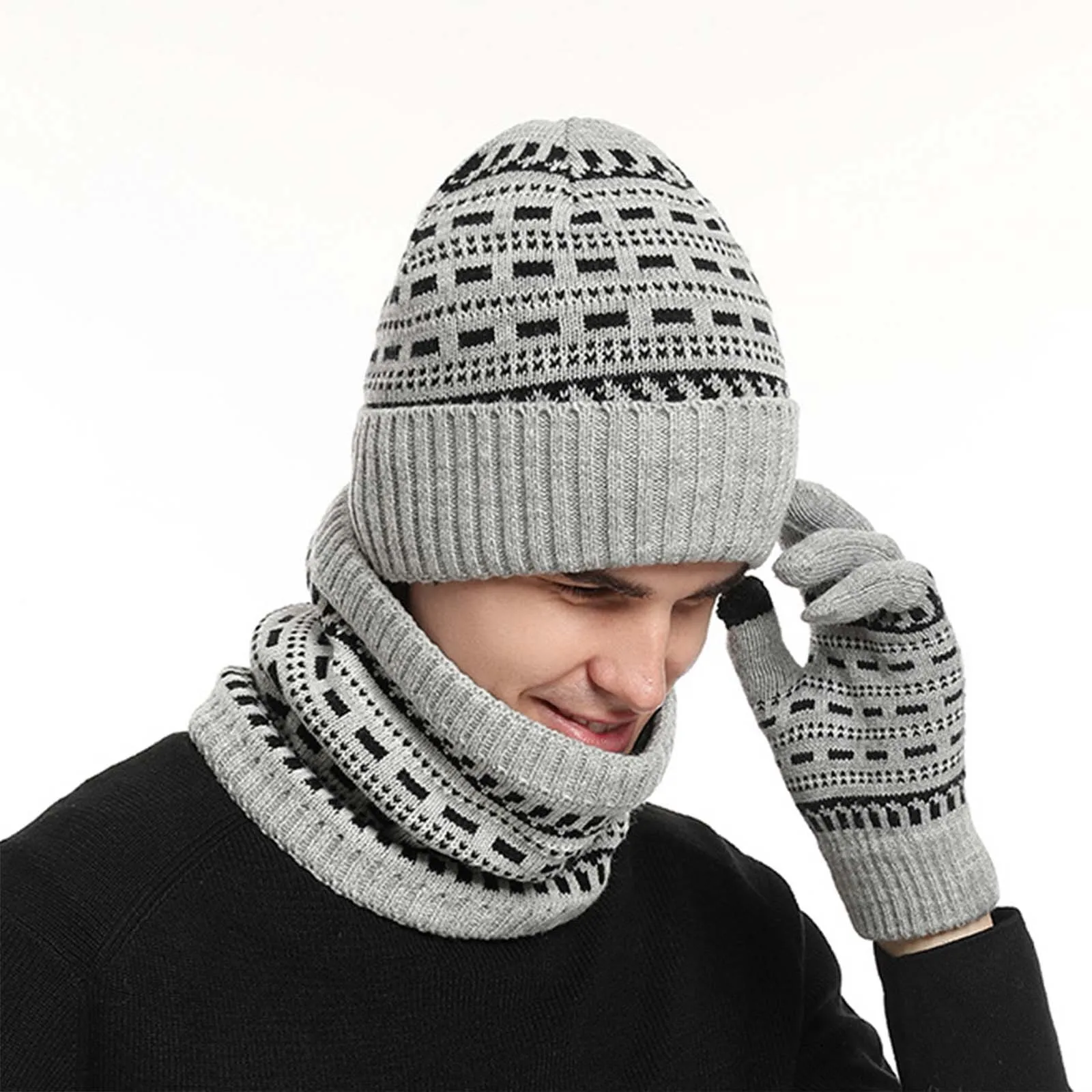 Men\'s Winter Keep Warm Set Unisex Beanie Telefingers Gloves Fleece Lining Scarf Female Woolen Yarn Knitted Muffler Neck Hat