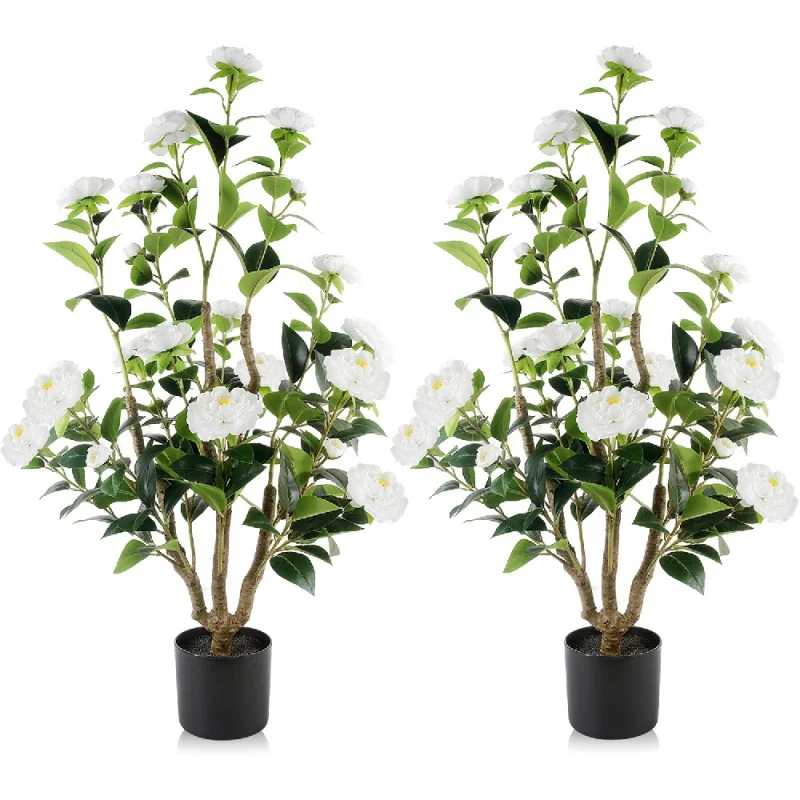 

Artificial Camellia Tree, 2 Pack Faux Plants with 24 White Blooming Flowers and 174 Leaves in Cement Pot, Fake Gree Office