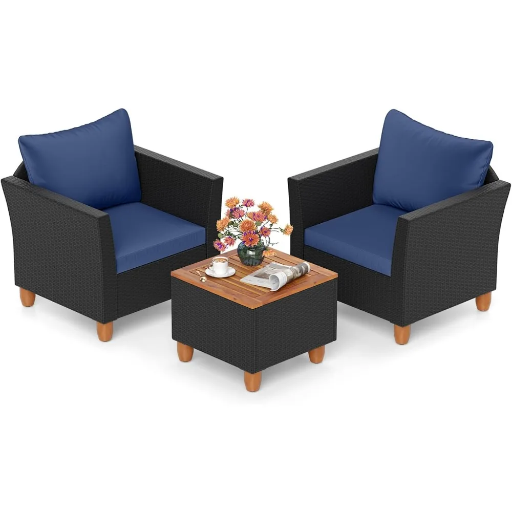 مجموعة محادثات تراس مكونة من 3 قطع، مع طاولة قهوة للتخزين، ومجموعة أريكة من الروطان PE، مع وسادة، ومستلزمات خارجية من خشب الحب