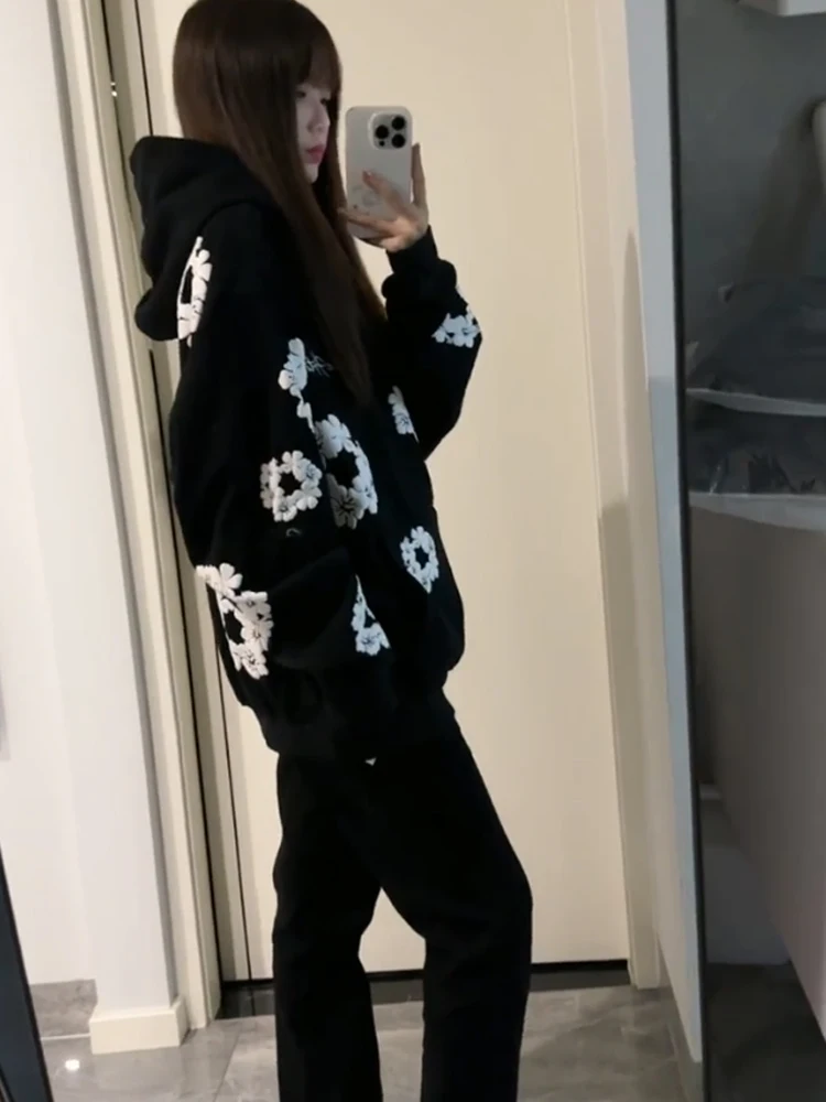 Moletom feminino solto com capuz floral fong estampa casual rua sle casaco outono inverno design sentido casal preguiçoso sle jaet