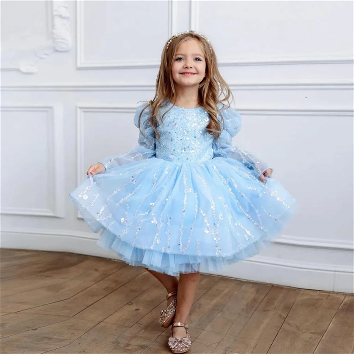 

Lovely Blue Glitter Sequins Applique Tulle Puffy Knee Length Flower Girl Dress For Wedding Child Birthday Holy Communion Dresses