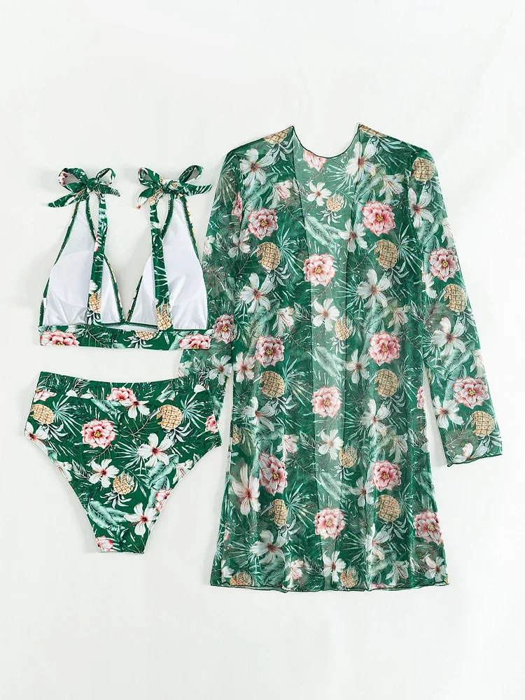 VigoBreviya Sexy 2025 Stampa 3 pezzi Maglia manica lunga Grembiule Bikini Set Push Up Vita alta Costumi da bagno Legato con cinturino Costume da bagno donna