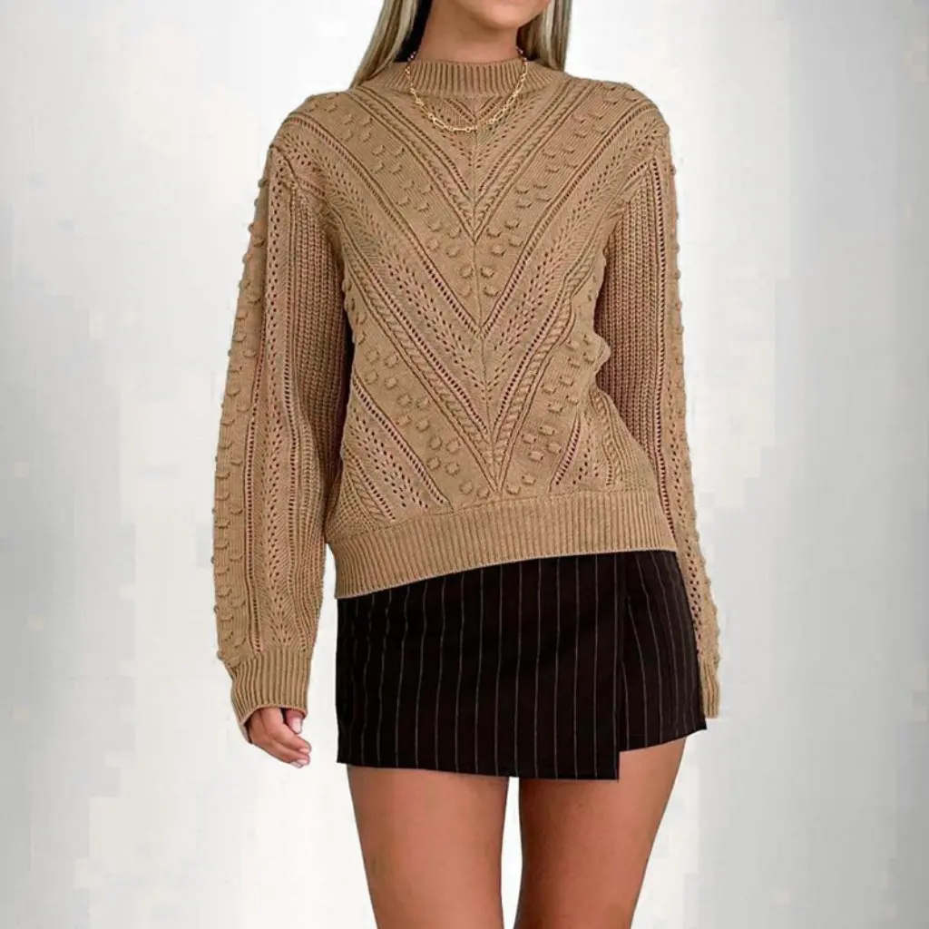 

Fashion round Neck Jacquard Sweater High-End Pure Color Autumn Top for Women European And American Style