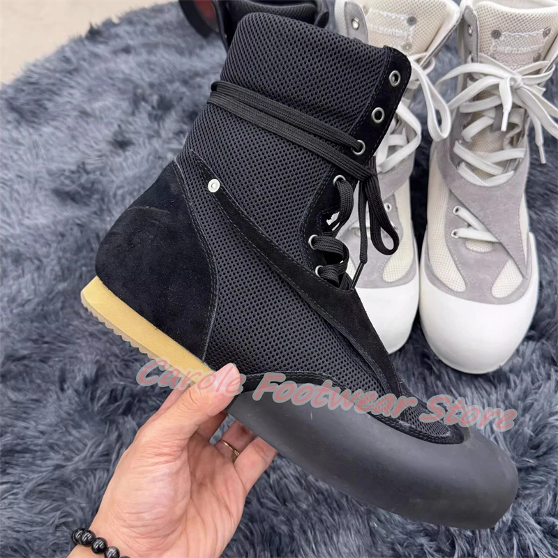 Breathable Mesh Splicing Short Boots for Men Retro Cross-Tied Lace-Up Motorcycle Boots Fashion Mixed Color Male Leisure Shoes