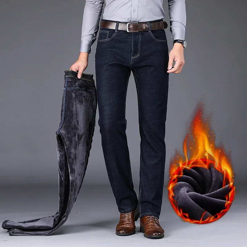 

New Men's Fleece Warm Jeans Winter Thicken Plush Velvet Business Office Denim Trousers Brand Clothing Stretch Casual Male Pants