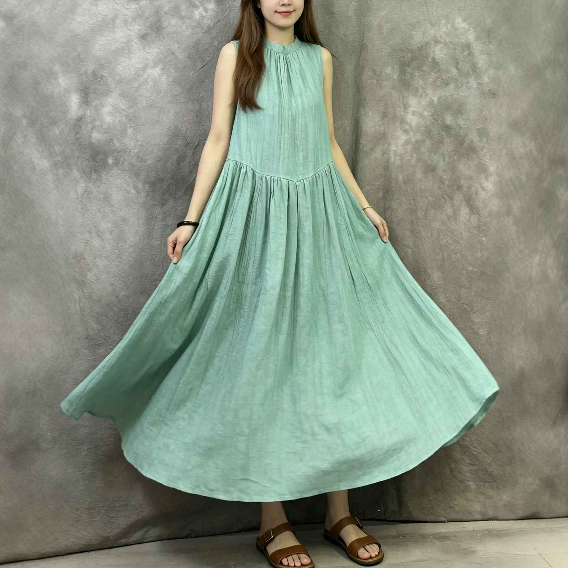 

Harajuku Vintage Green Cotton Linen Sleeveless Maxi Dress O-neck Loose A-line Dress For Women Casual Summer Conutryside Garden