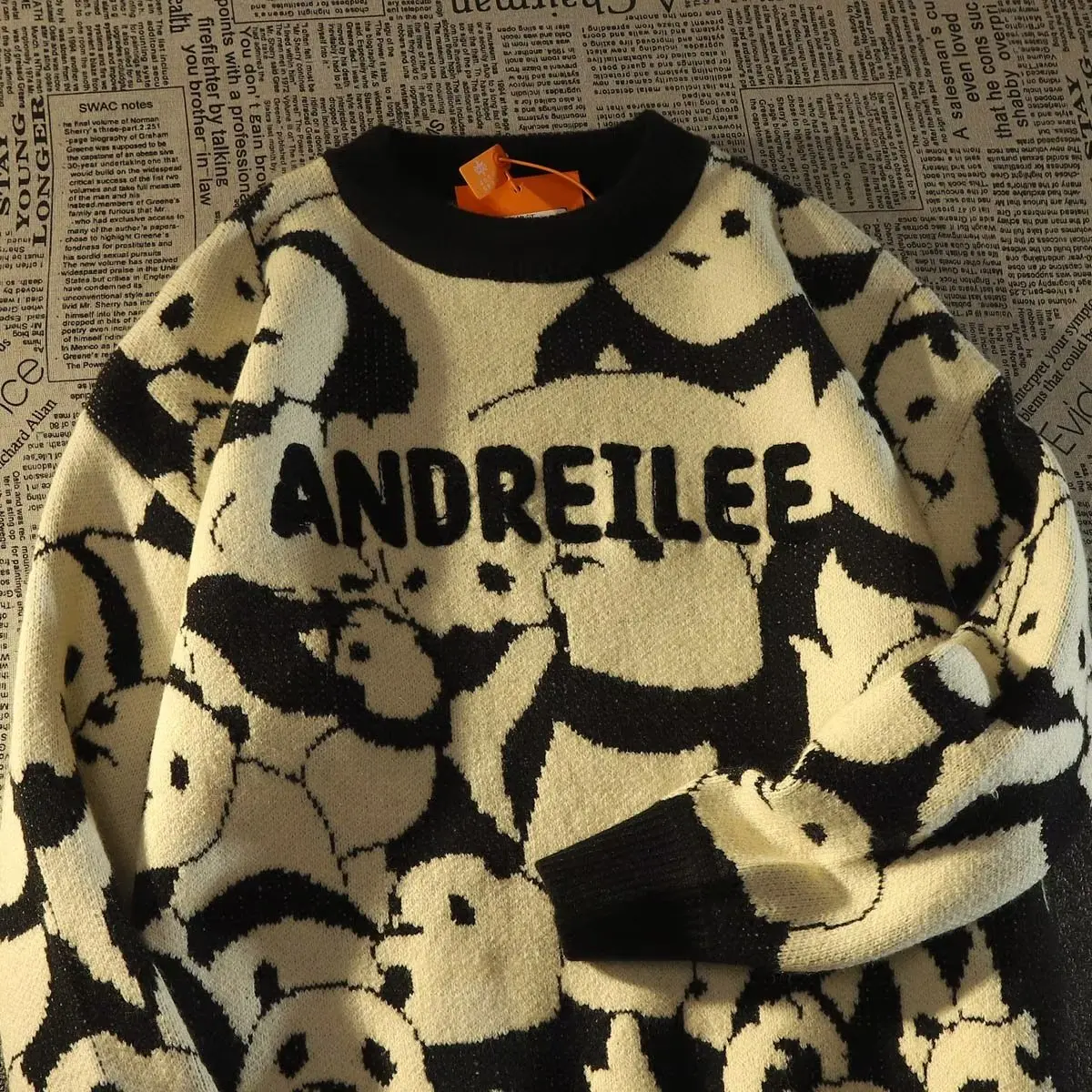 

Осень-зима, большие размеры 300, мужской свитер с окрашенным пандой, вязаный джемпер Fat Guy, винтажный брендовый длинный бейсбольный воротник...