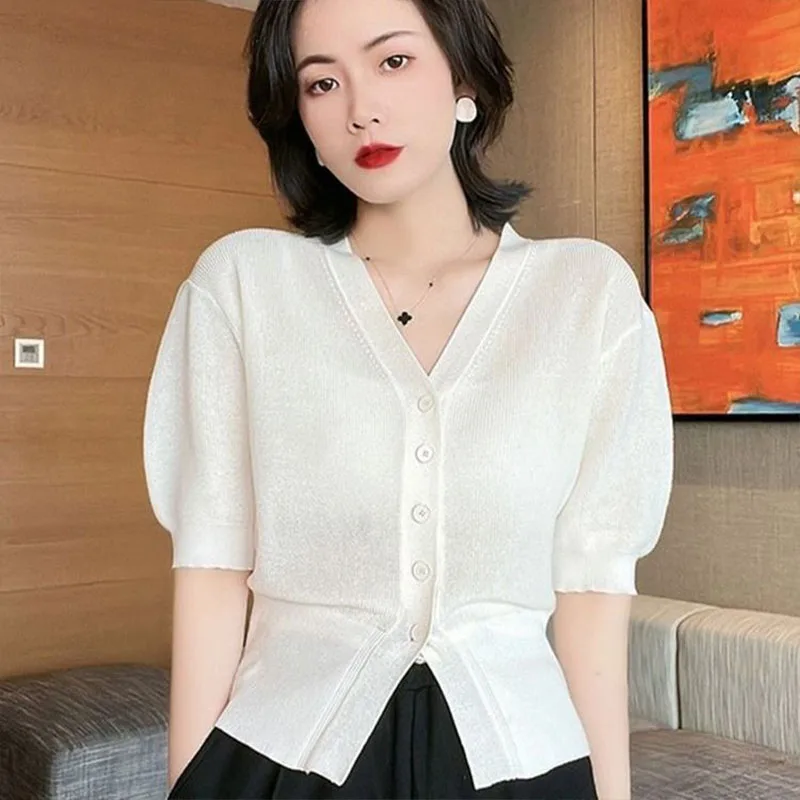 Summer Sweet French V-neck Knit Cardigan Women Clothing Fashion All-match Solid Slim T-shirt Office Lady Button Sweater Tops