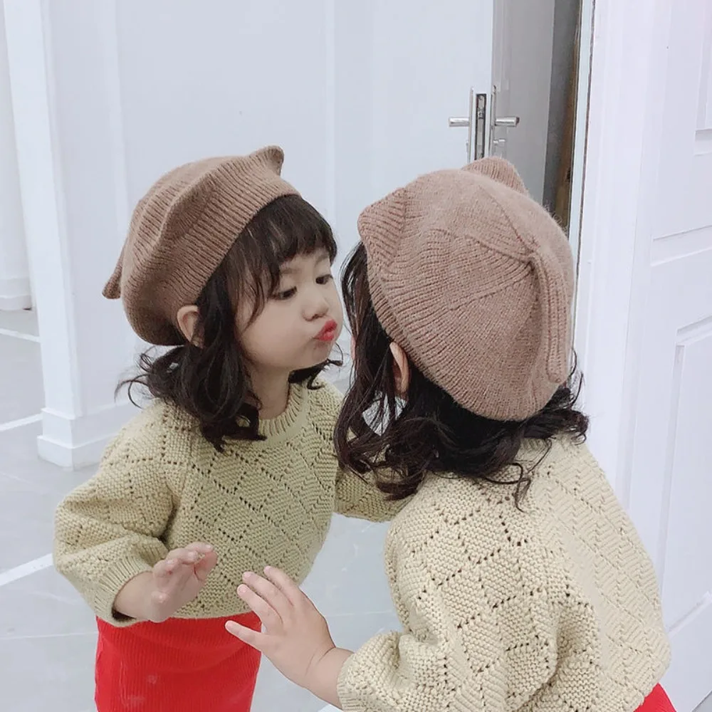 New Wool Beanie Cap Cat Ears Solid Color Painter Cap Knitted Warm Beret Hat Kids