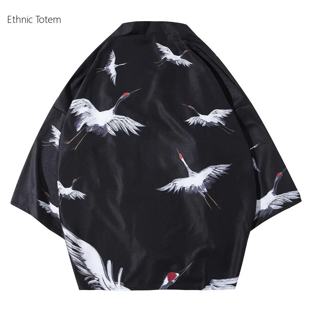 Kimonos Japanese Hombre Retro Crane Print Thin Coat Summer Chinese Style New Tang Suit Taoist Robe Samurai Clothes