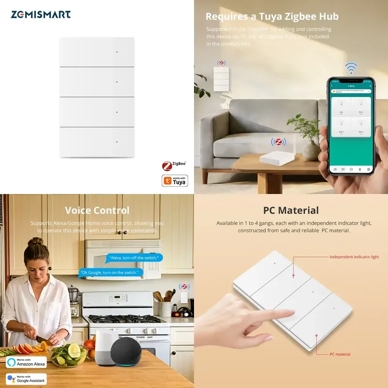 

Zemismart Frameless PC Large Button Zigbee Smart Switch 118 Type 1/2/3/4 Gang Smart Home Products Alexa Google Home