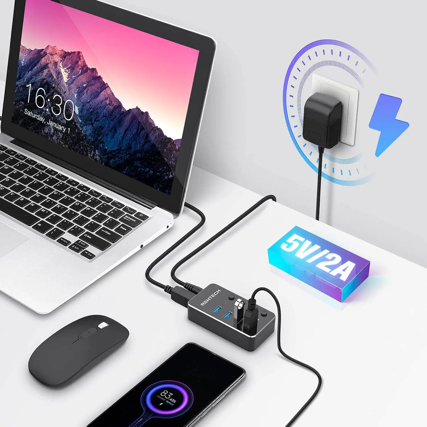 RSHTECH USB 3.0 Hub Portable Aluminum Extension Splitter with 2-in-1 Type A/C Cable and 5V/2A Power Adapter for Laptop and PC