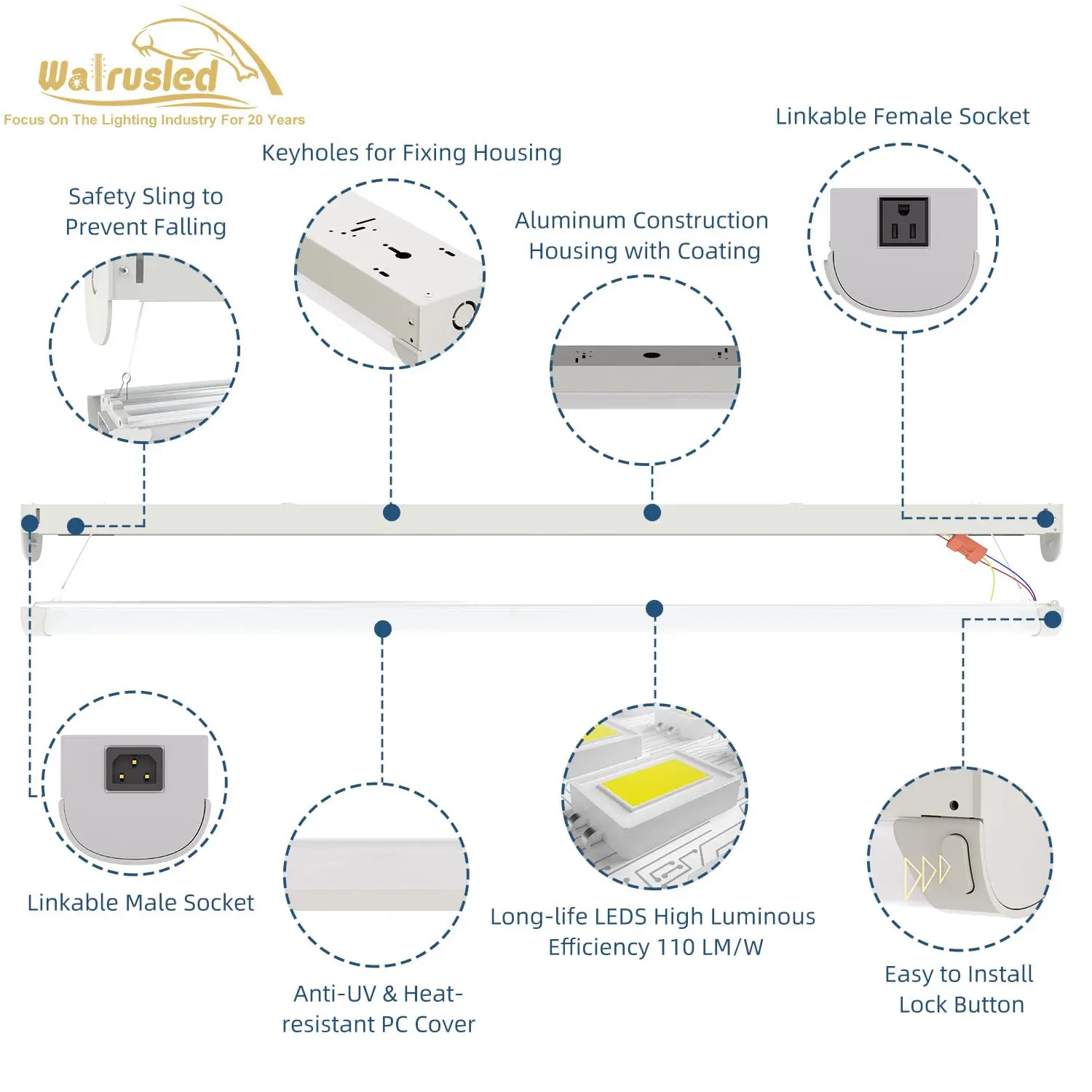 4 Foot Linkable Plug LED Linear Strip 80W Stairwell Light Fixture 8800lm 5000K SCR Dimmable LED Shop Lights with Power Cord, FCC