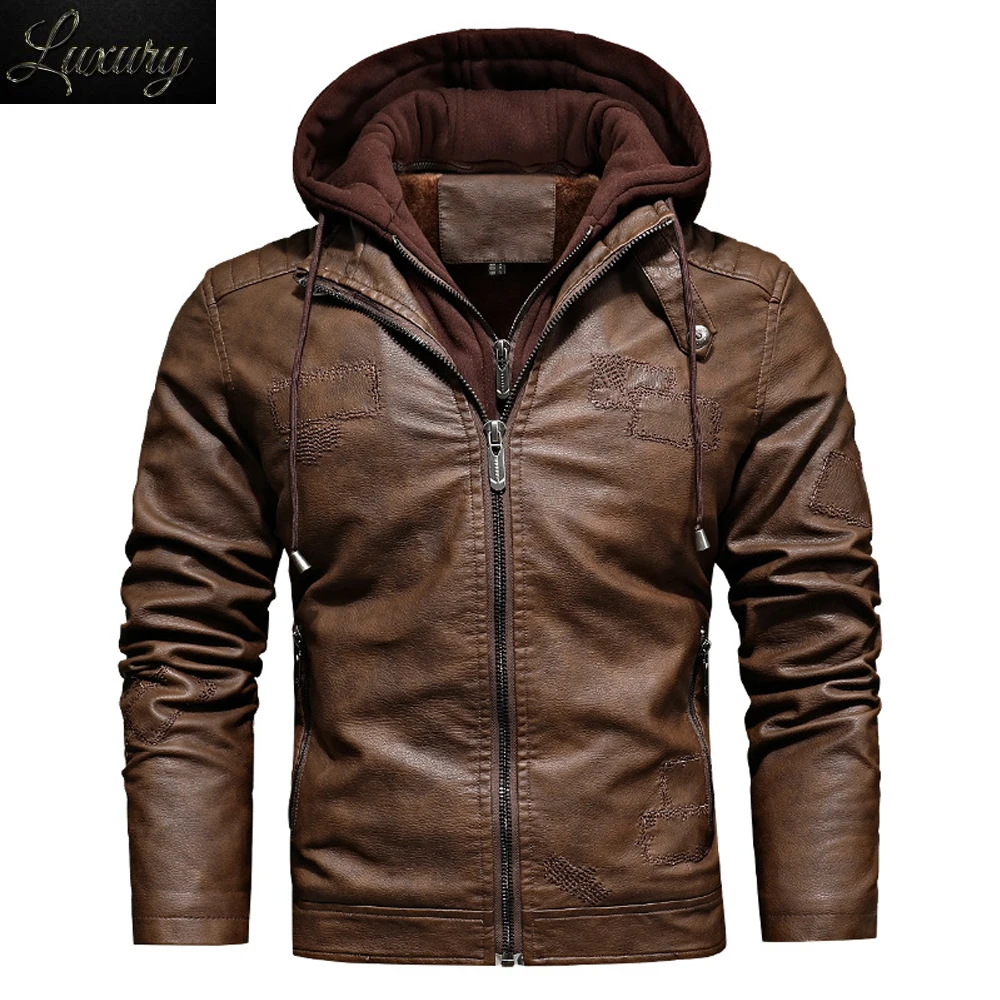 

Men's Removable Hooded Leather Jacket Solid Color Fleece Embroidered Zipper Male Winter Fashion Retro Coats Men