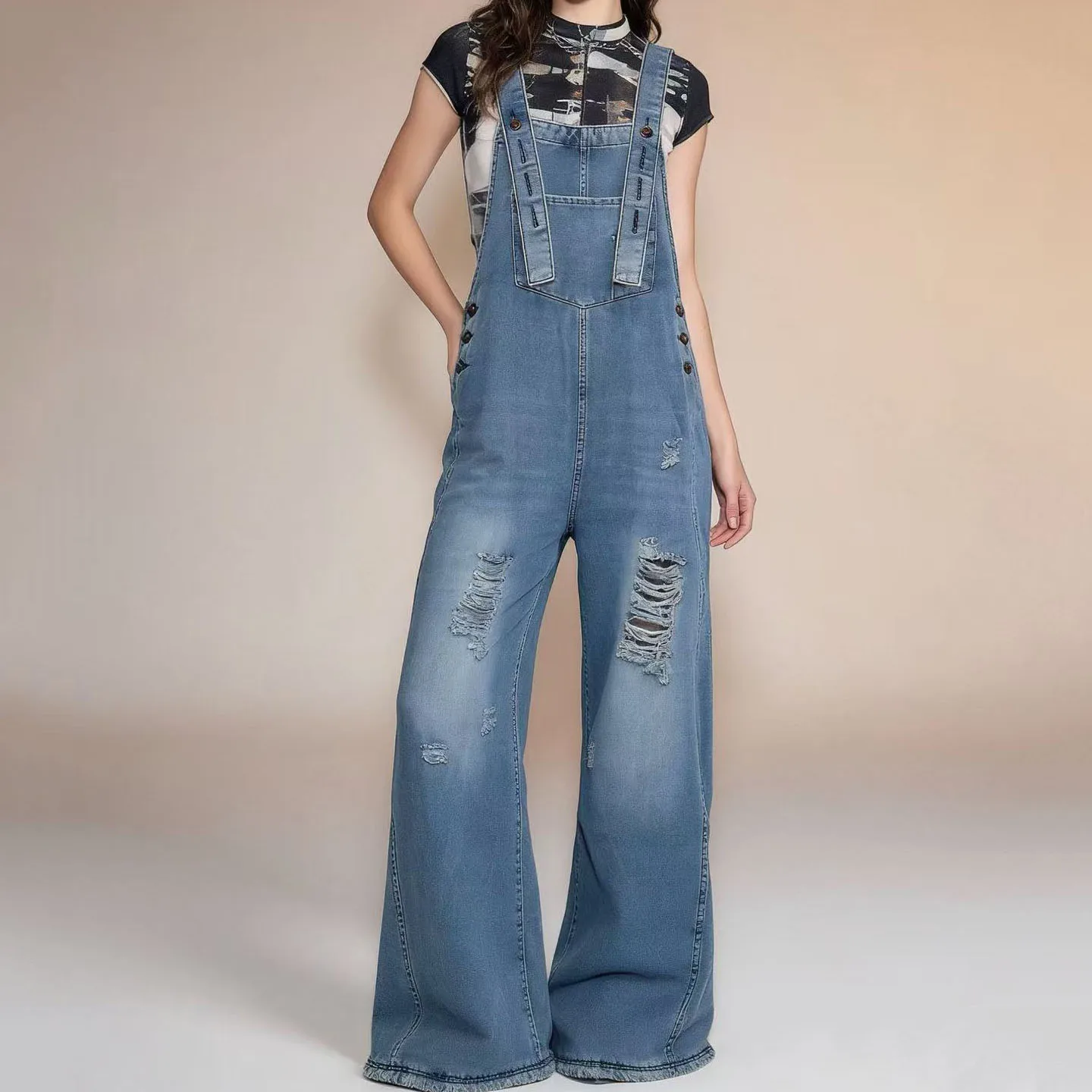 

Fashion Women's Ripped Denim Overalls 2026 Spring New American Casual Retro Loose Distressed Straight Leg Suspenders Jeans