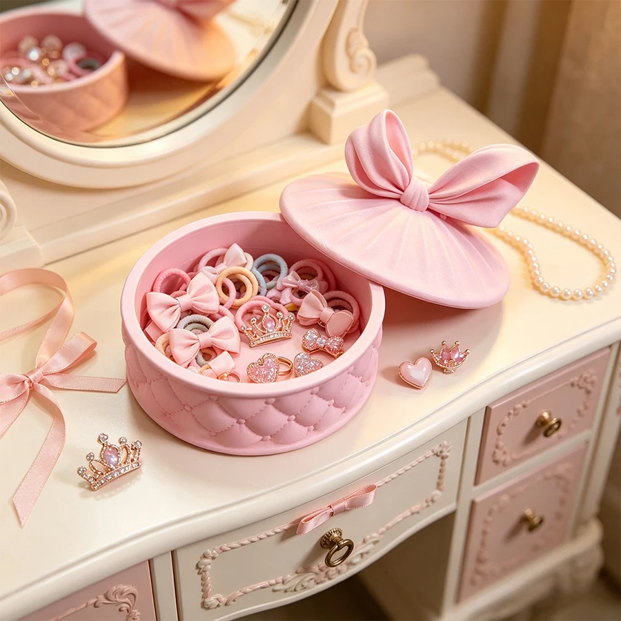 Pink Bow-Shaped Jewelry Storage Box, Cute Diamond-Patterned Jewelry Box with Lid, Desktop Jewelry Organizer for Dressing Table
