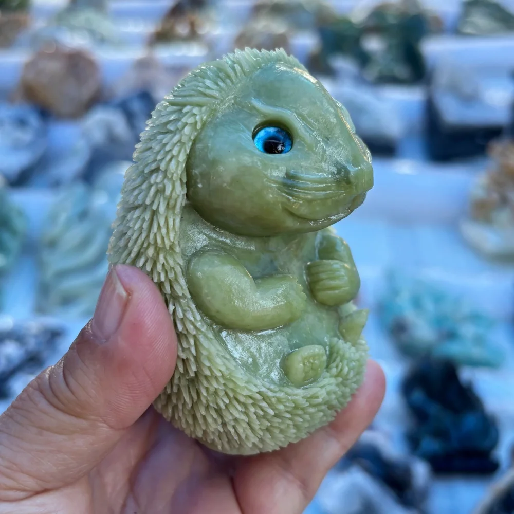 Natural Serpentine Hand Carved Hedgehog Figurine Crystal Animal Statue Reiki Healing Home Feng Shui Decor Gift