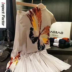 Fashion Pleated Set Short Sleeves Butterfly Printed Top and High Waist Fold Skirt Two-piece Sets for Women 2024 Summer New