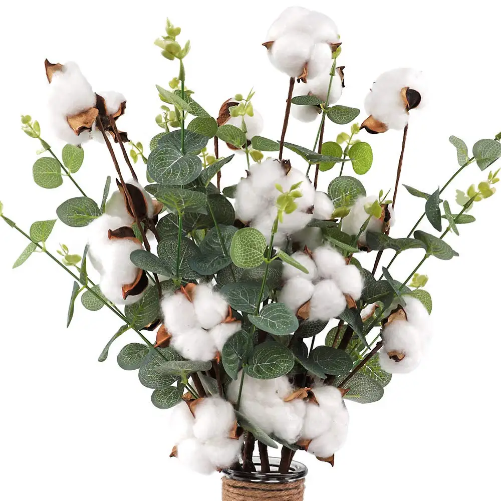 60cm Cotton Stems 1PC Cotton Flower Head with Eucalyptu Leaves Stem Cotton Floral Stem for Home Wedding Centerpiece Floral Decor