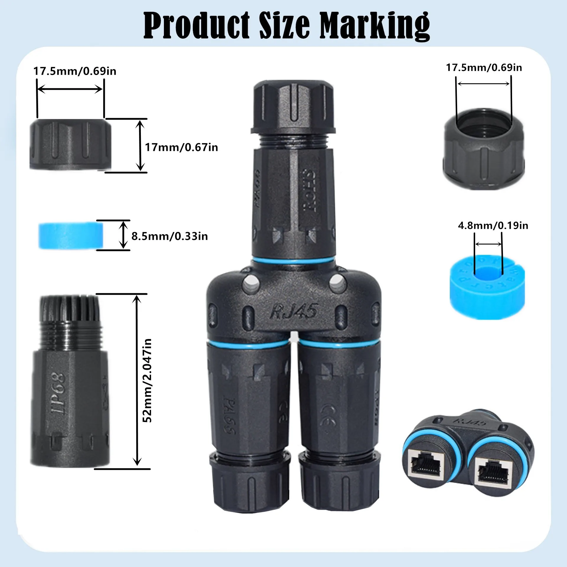 1PCS/ 1/2 3-Way RJ45 3 Female Head IP68 Waterproof RJ45 8P8C CAT6 Gigabit Ethernet Cable Connector 1 In 2 Out Splitter