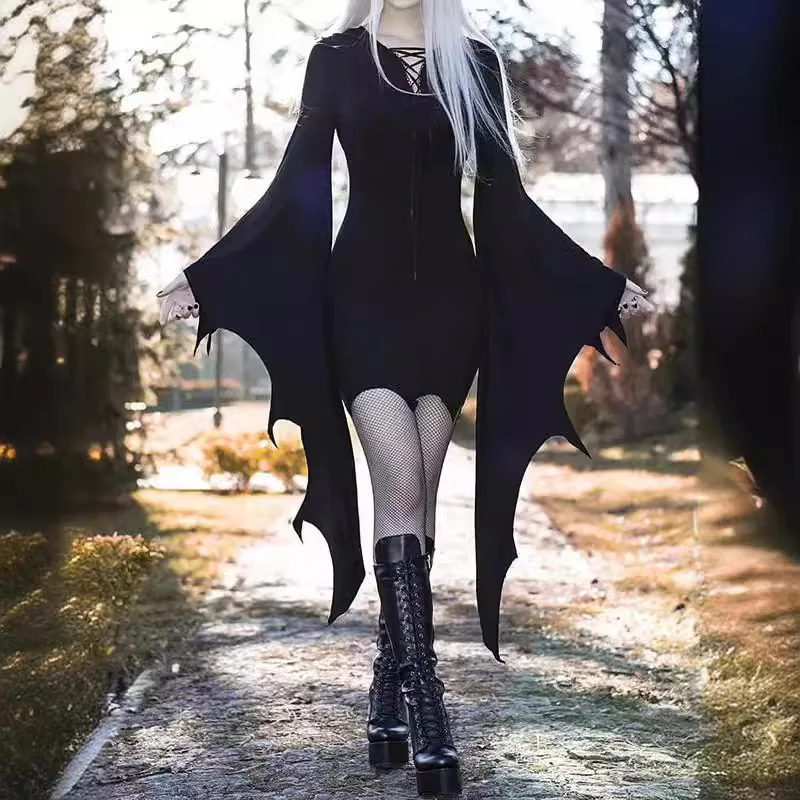 Gothic Style Halloween New Pure Color Uneven Belted Bat Sleeve Dress Women's Fashionable Stage Costume Chinese Manufacturer
