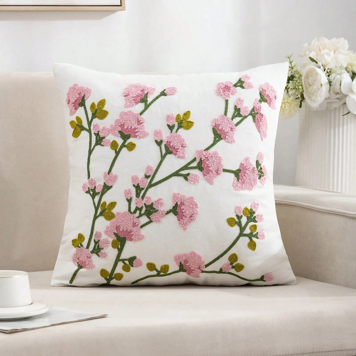 1pc Spring Cherry Blossom Decorative Cushion Cover, 2D Print Polyester Pillow Case for Sofa Bed Car Office Home Decoration