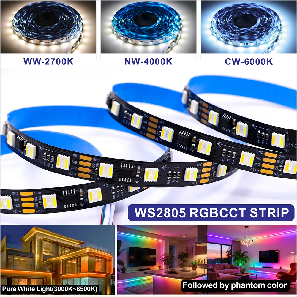 WS2805 RGBCCT 5in1 LED Strip Light 12V 24V SMD5050 60LEDs/m Dual Signal Group Addressable 3000K-6500K Dream Color Pixel Light Ho